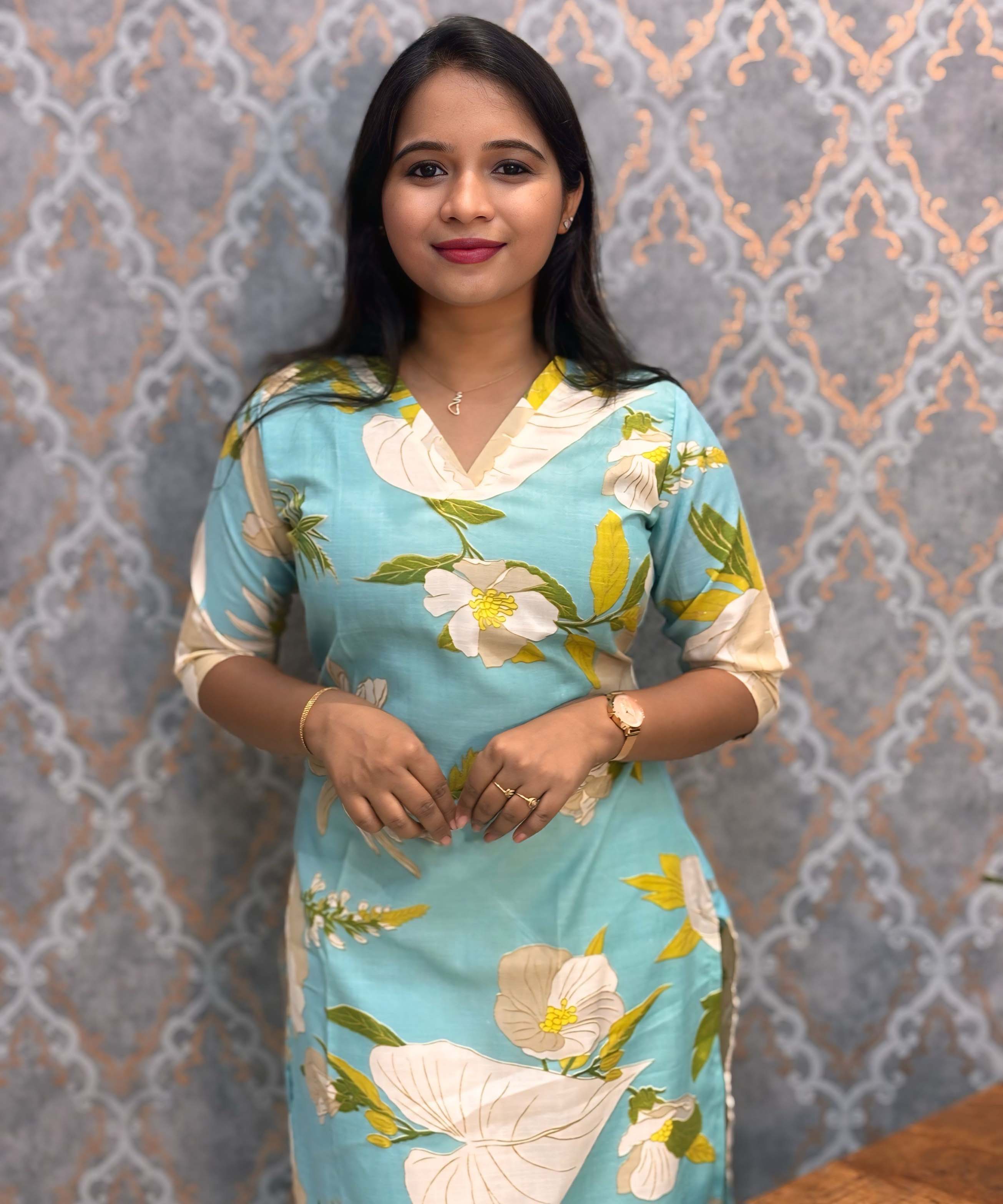 Sea Blue Color Floral Prints Linen Slub Straight Cut V Neck Kurti with Pocket / LSS202