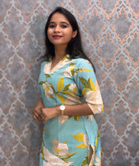 Sea Blue Color Floral Prints Linen Slub Straight Cut V Neck Kurti with Pocket / LSS202