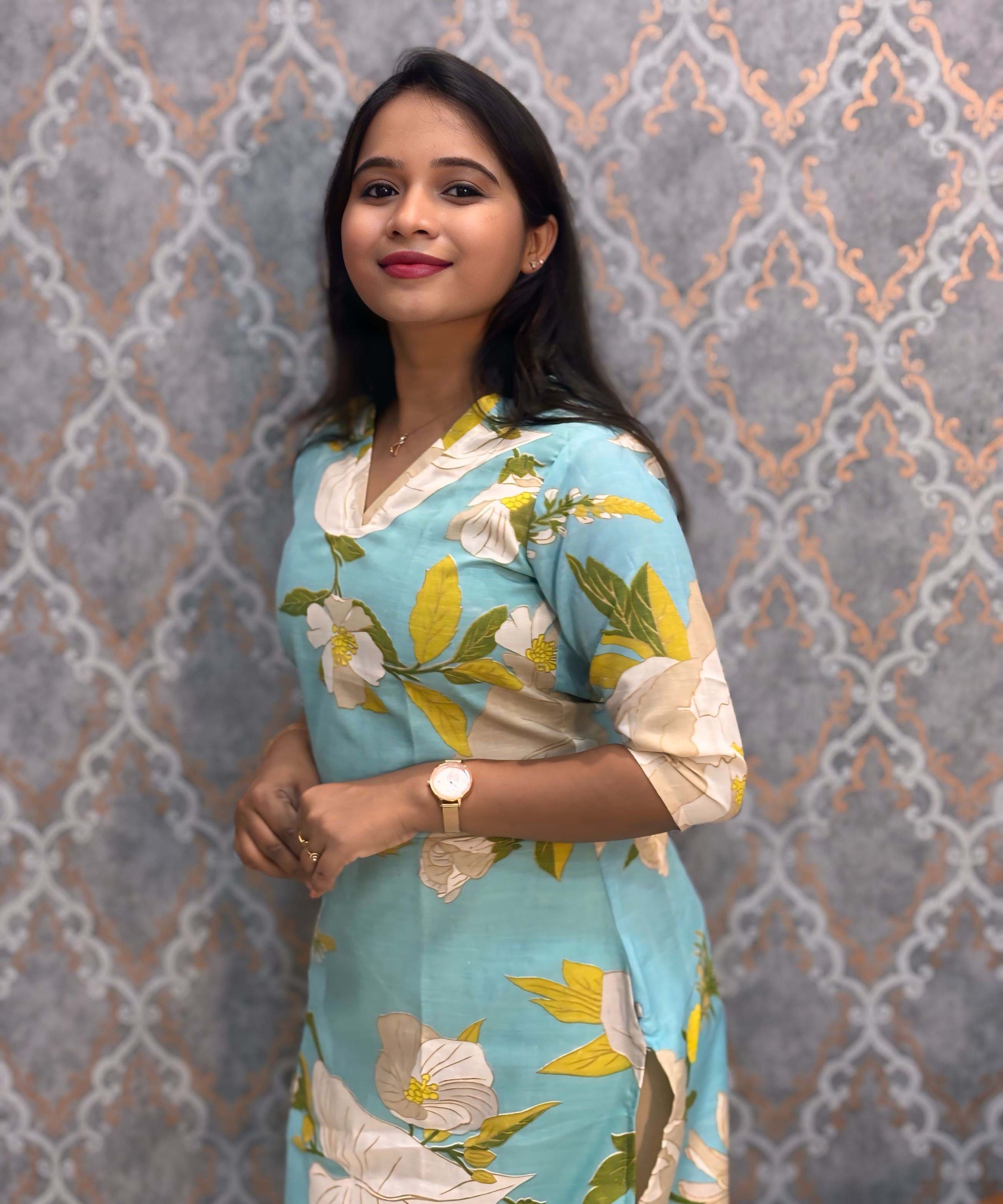 Sea Blue Color Floral Prints Linen Slub Straight Cut V Neck Kurti with Pocket / LSS202