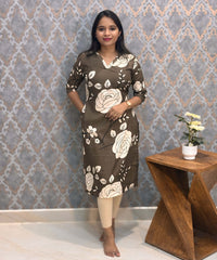 Lite Brown with Beige Color Floral Linen Slub Straight Cut V Neck Kurti with Pocket / LSS202