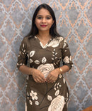 Lite Brown with Beige Color Floral Linen Slub Straight Cut V Neck Kurti with Pocket / LSS202