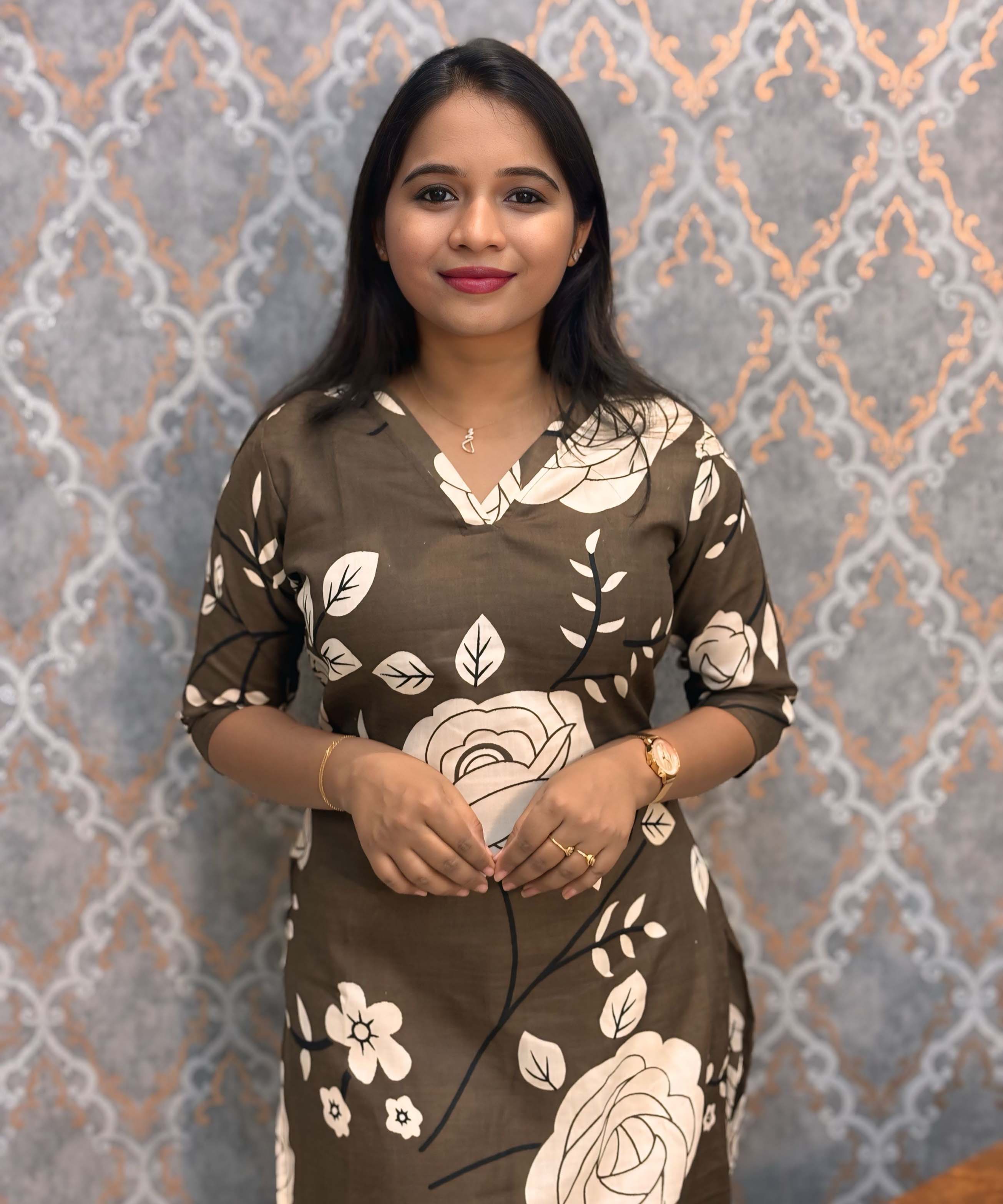 Lite Brown with Beige Color Floral Linen Slub Straight Cut V Neck Kurti with Pocket / LSS202