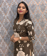 Lite Brown with Beige Color Floral Linen Slub Straight Cut V Neck Kurti with Pocket / LSS202