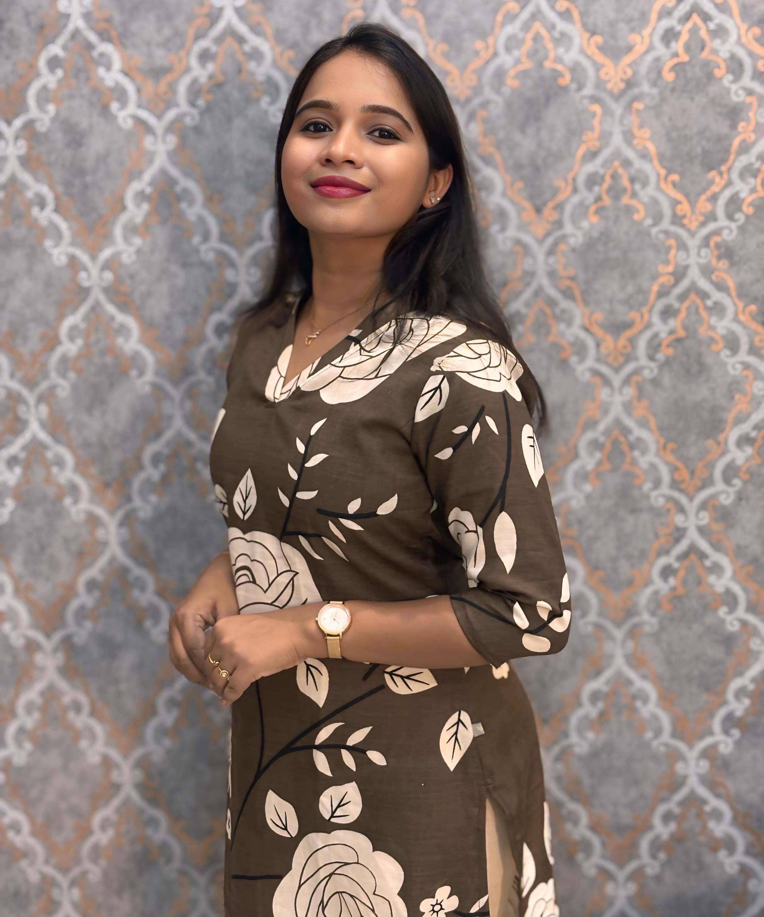 Lite Brown with Beige Color Floral Linen Slub Straight Cut V Neck Kurti with Pocket / LSS202