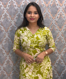 Green and White Color Floral Linen Slub Straight Cut V Neck Kurti with Pocket / LSS202