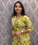 Green and White Color Floral Linen Slub Straight Cut V Neck Kurti with Pocket / LSS202