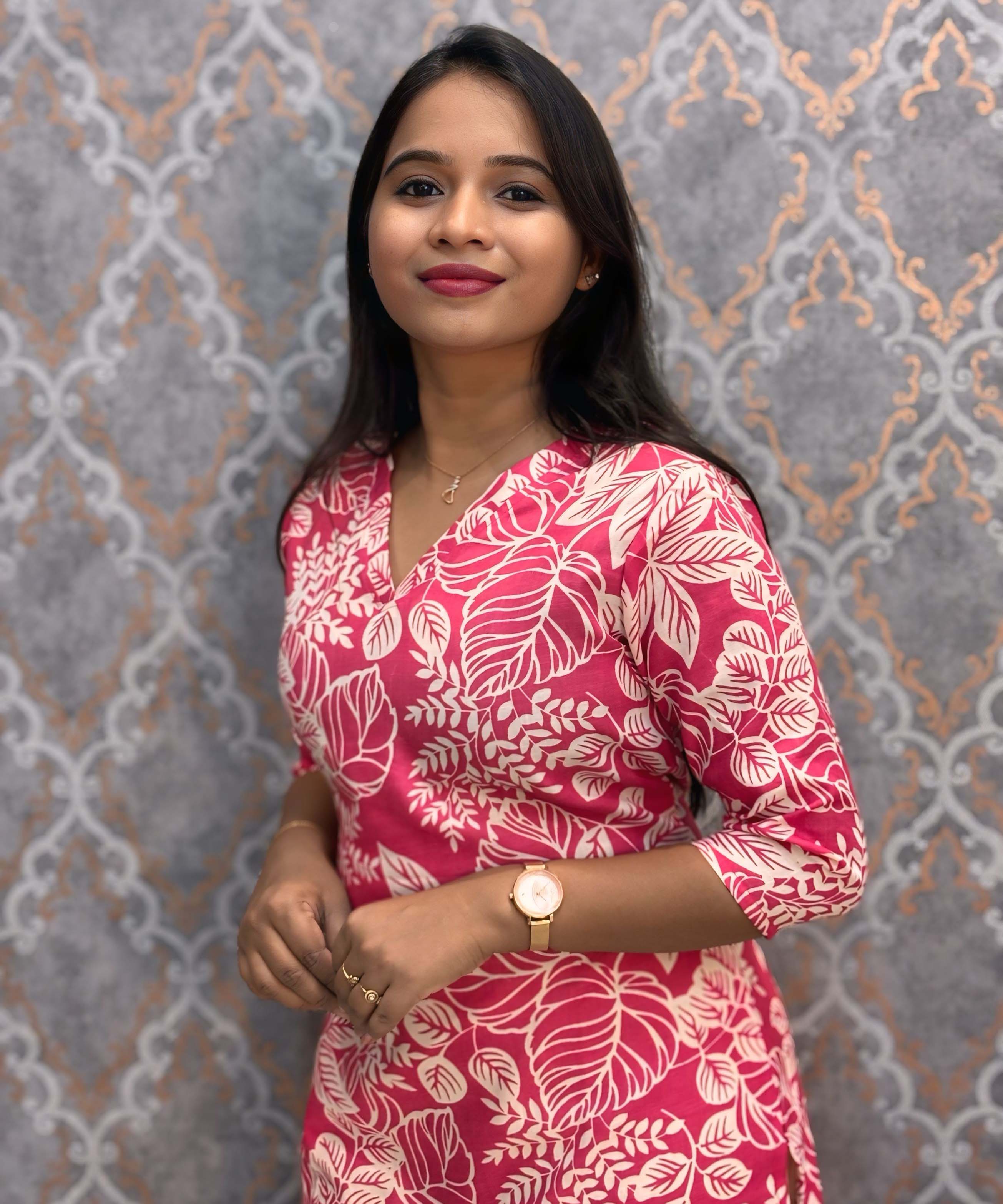 Pink and White Color Floral Linen Slub Straight Cut V Neck Kurti with Pocket / LSS202