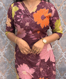 Purple with Multicolor Floral Prints Linen Slub Straight Cut V Neck Kurti with Pocket / LSS202