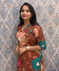 Rust Brown with Multicolor Floral Prints Linen Slub Straight Cut V Neck Kurti with Pocket / LSS202