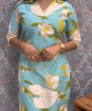 Sea Blue Color Floral Prints Linen Slub Straight Cut V Neck Kurti with Pocket / LSS202