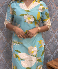 Sea Blue Color Floral Prints Linen Slub Straight Cut V Neck Kurti with Pocket / LSS202