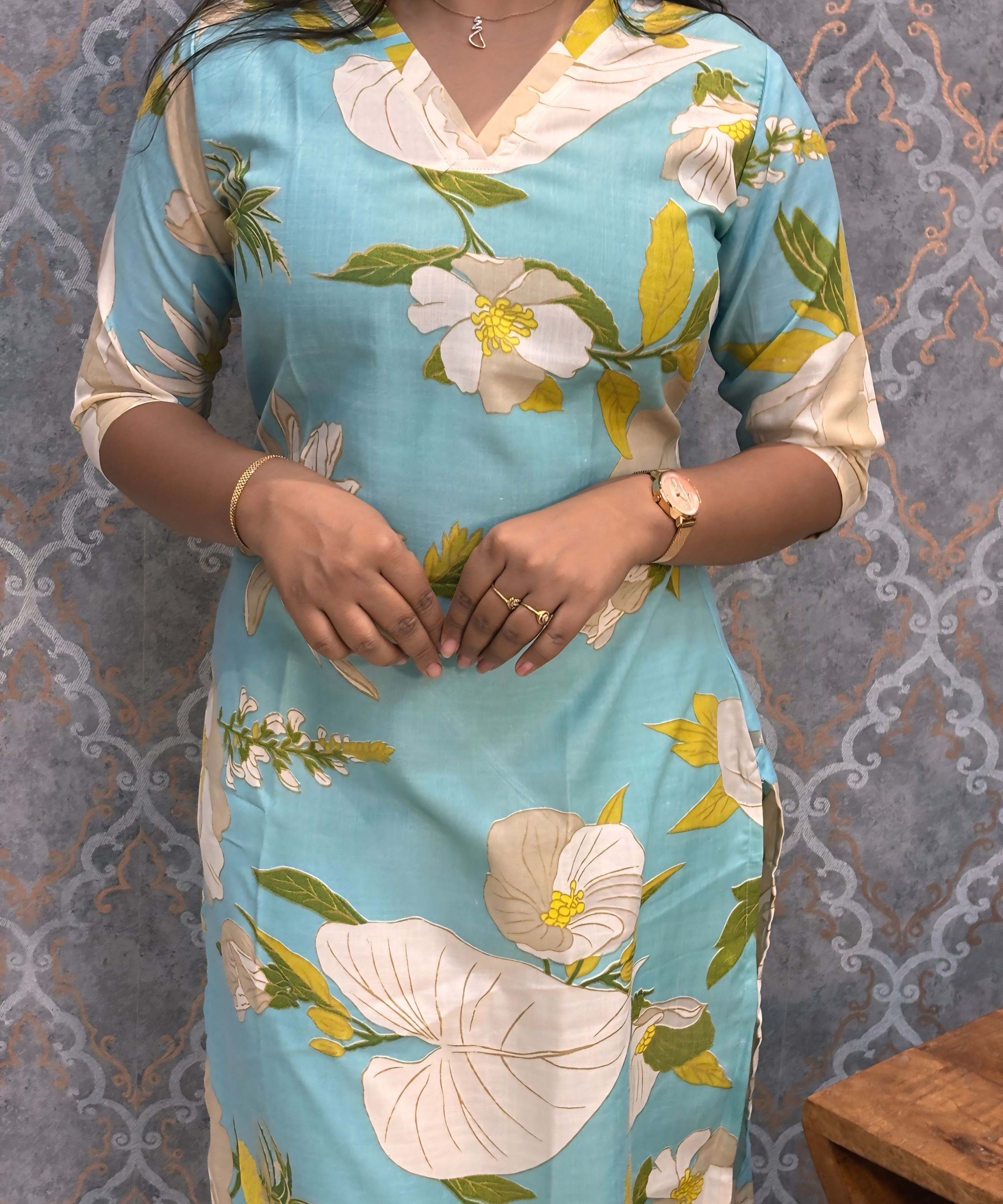 Sea Blue Color Floral Prints Linen Slub Straight Cut V Neck Kurti with Pocket / LSS202