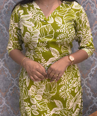 Green and White Color Floral Linen Slub Straight Cut V Neck Kurti with Pocket / LSS202