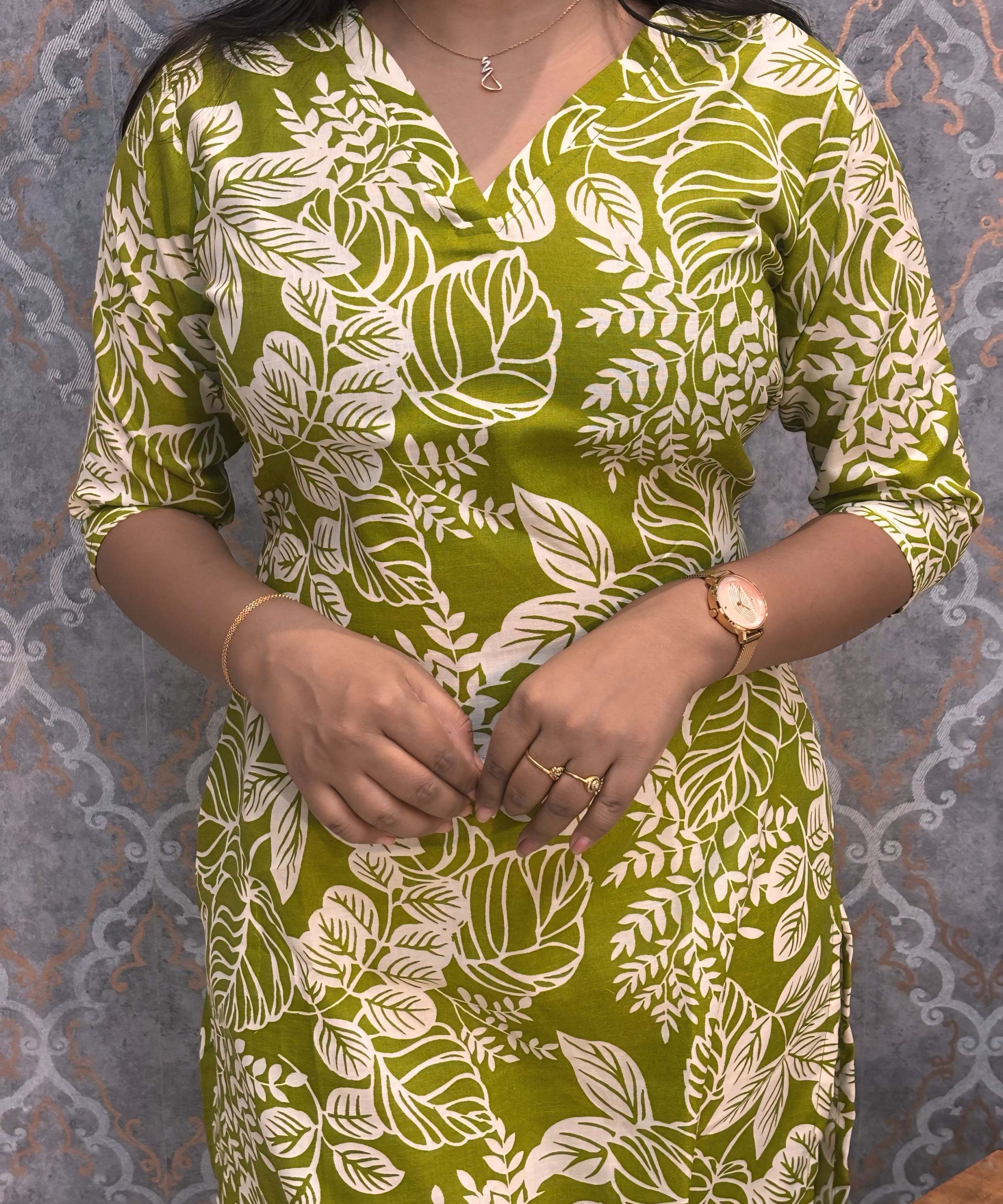 Green and White Color Floral Linen Slub Straight Cut V Neck Kurti with Pocket / LSS202