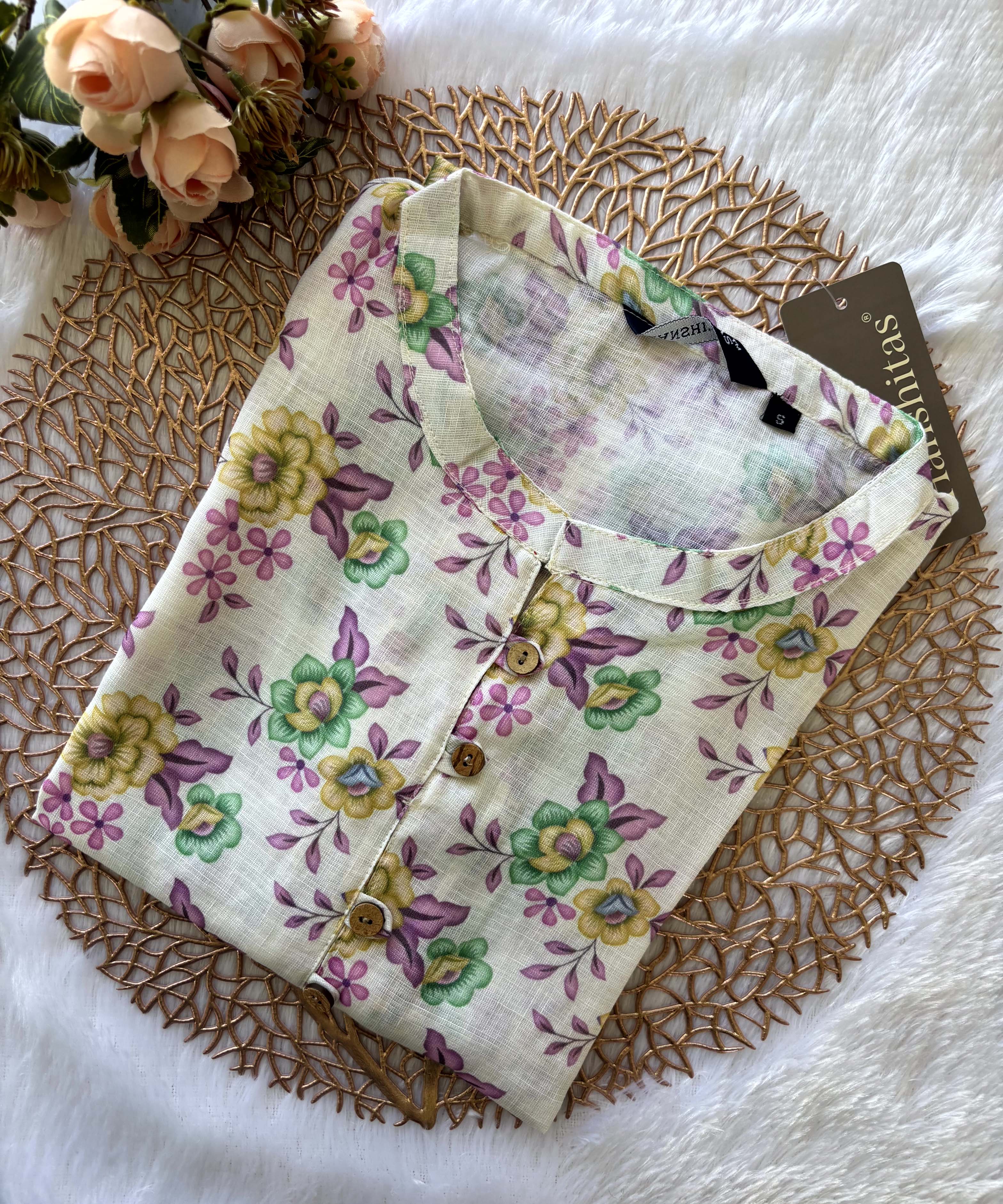 Beige Color and Floral Print Linen Cotton Kurti with Short Sleeve / LSS175