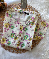 Beige Color and Floral Print Linen Cotton Kurti with Short Sleeve / LSS175