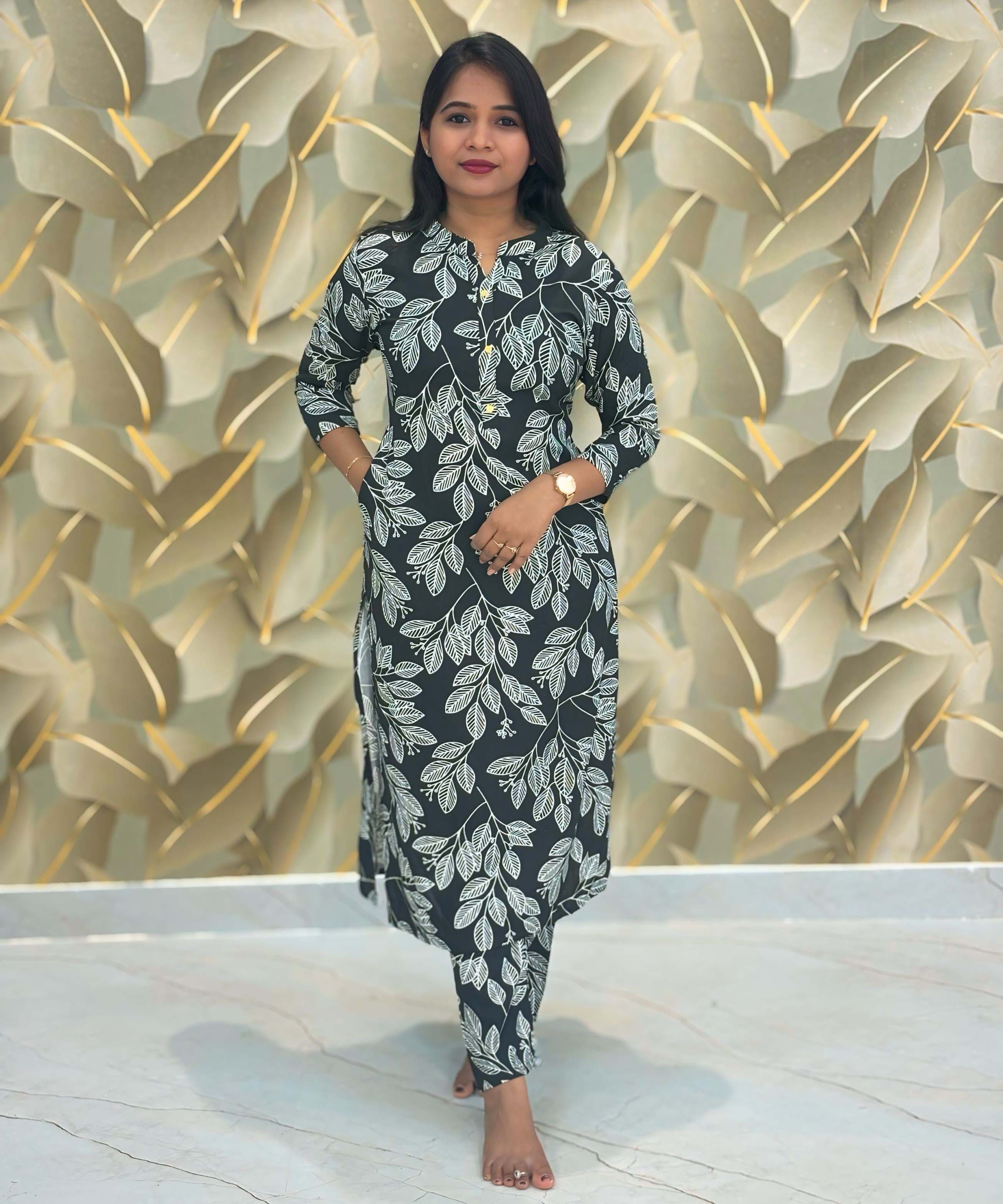 Black and Half White Color Floral Premium Rayon Co-ord Set with Pocket / LSS173