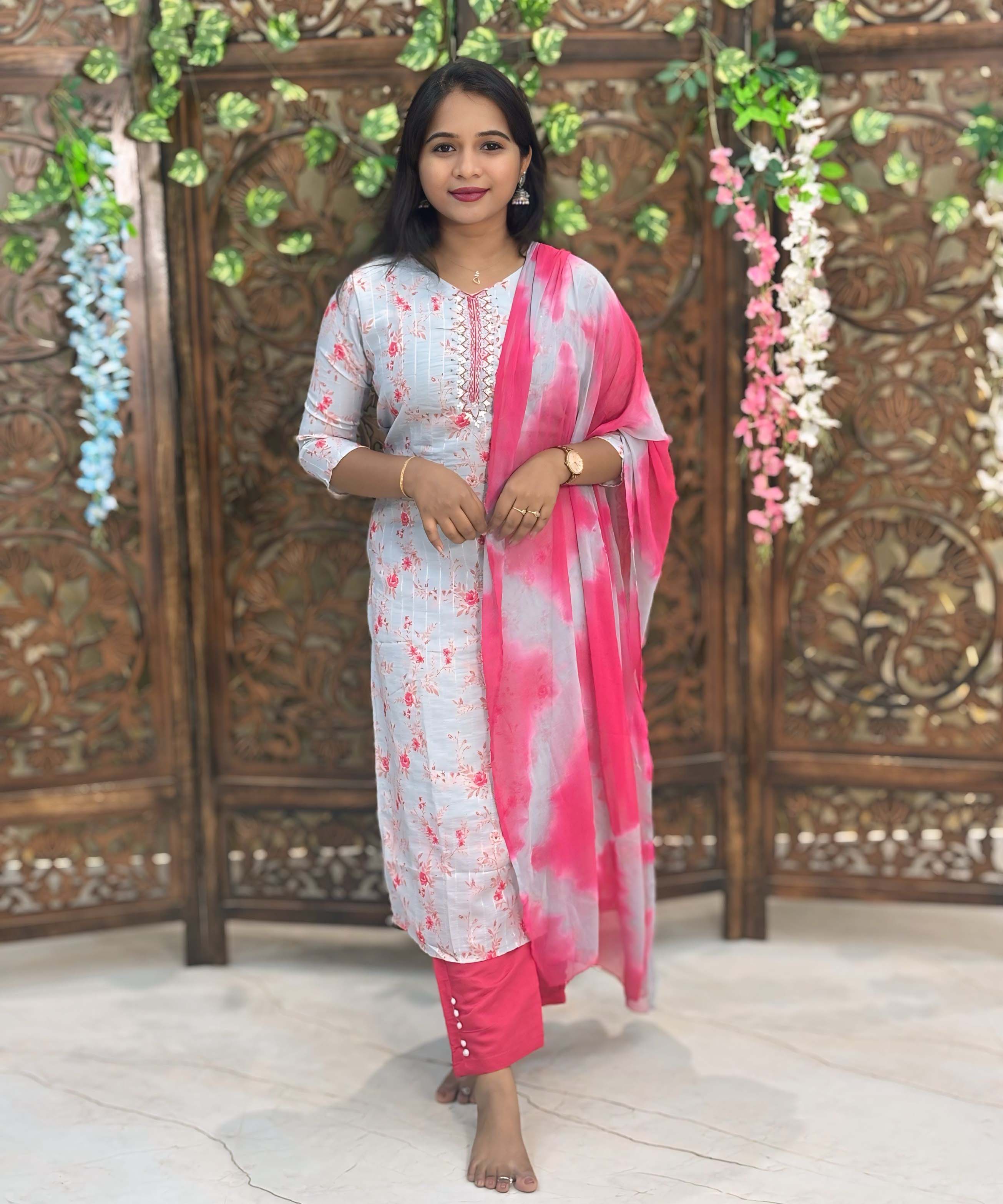 Gray and Pink Color Sequence Work 3 Piece Salwar Set / ESS342