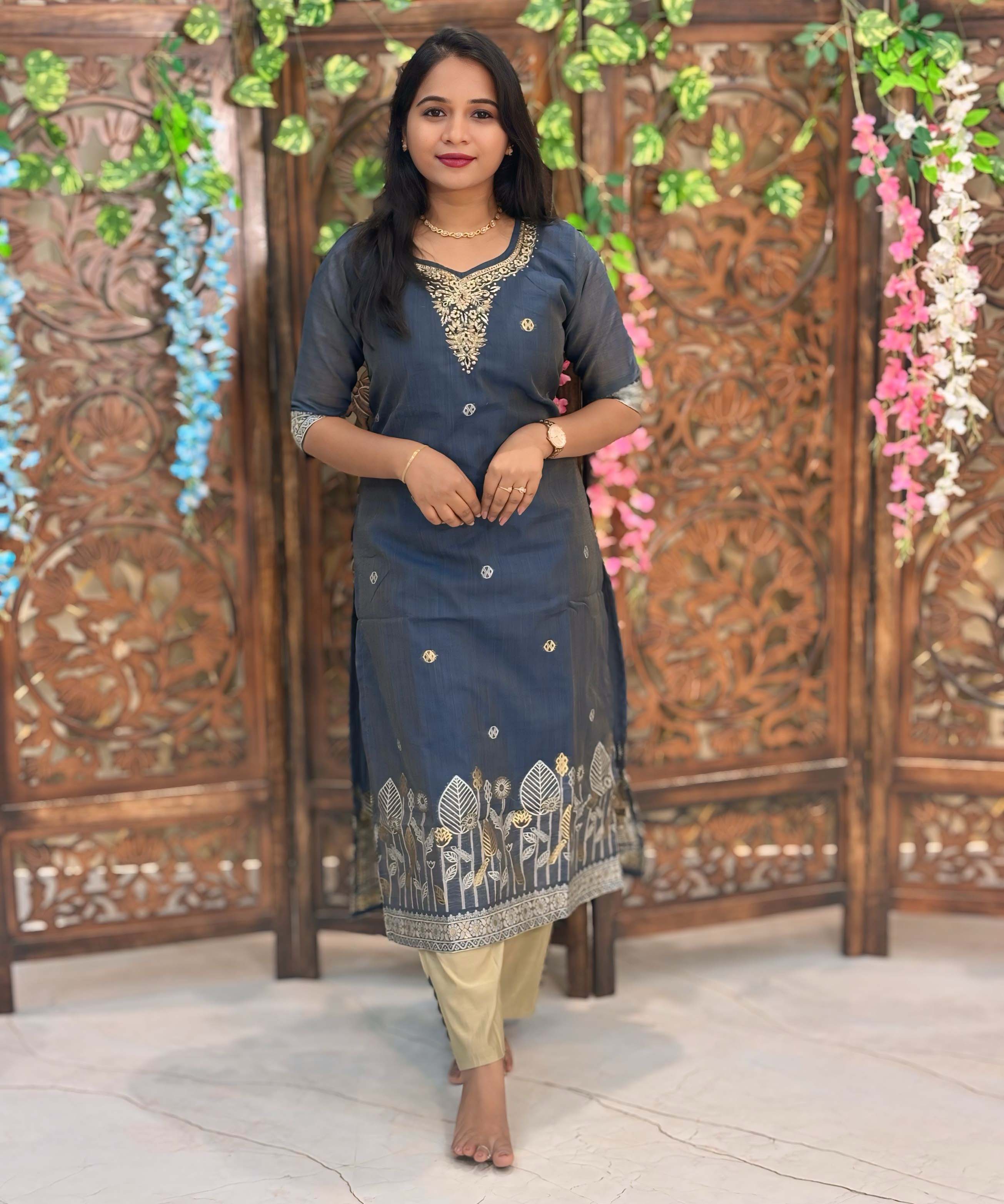 Gray mixed Navy Blue and Golden Color Premium 3 Piece Salwar Set / ESS357