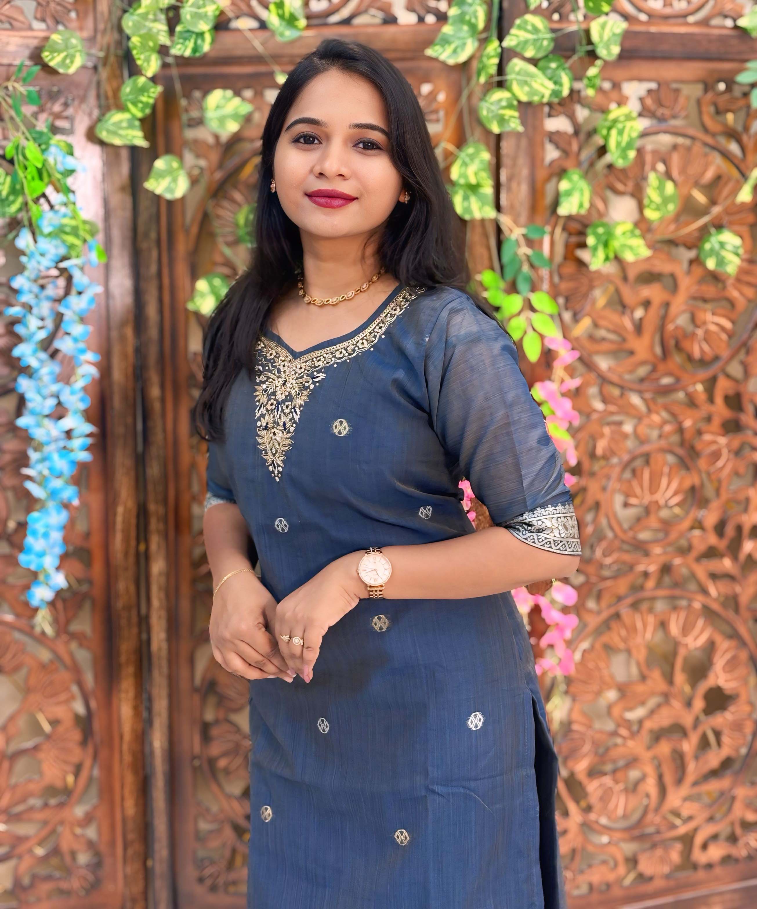 Gray mixed Navy Blue and Golden Color Premium 3 Piece Salwar Set / ESS357