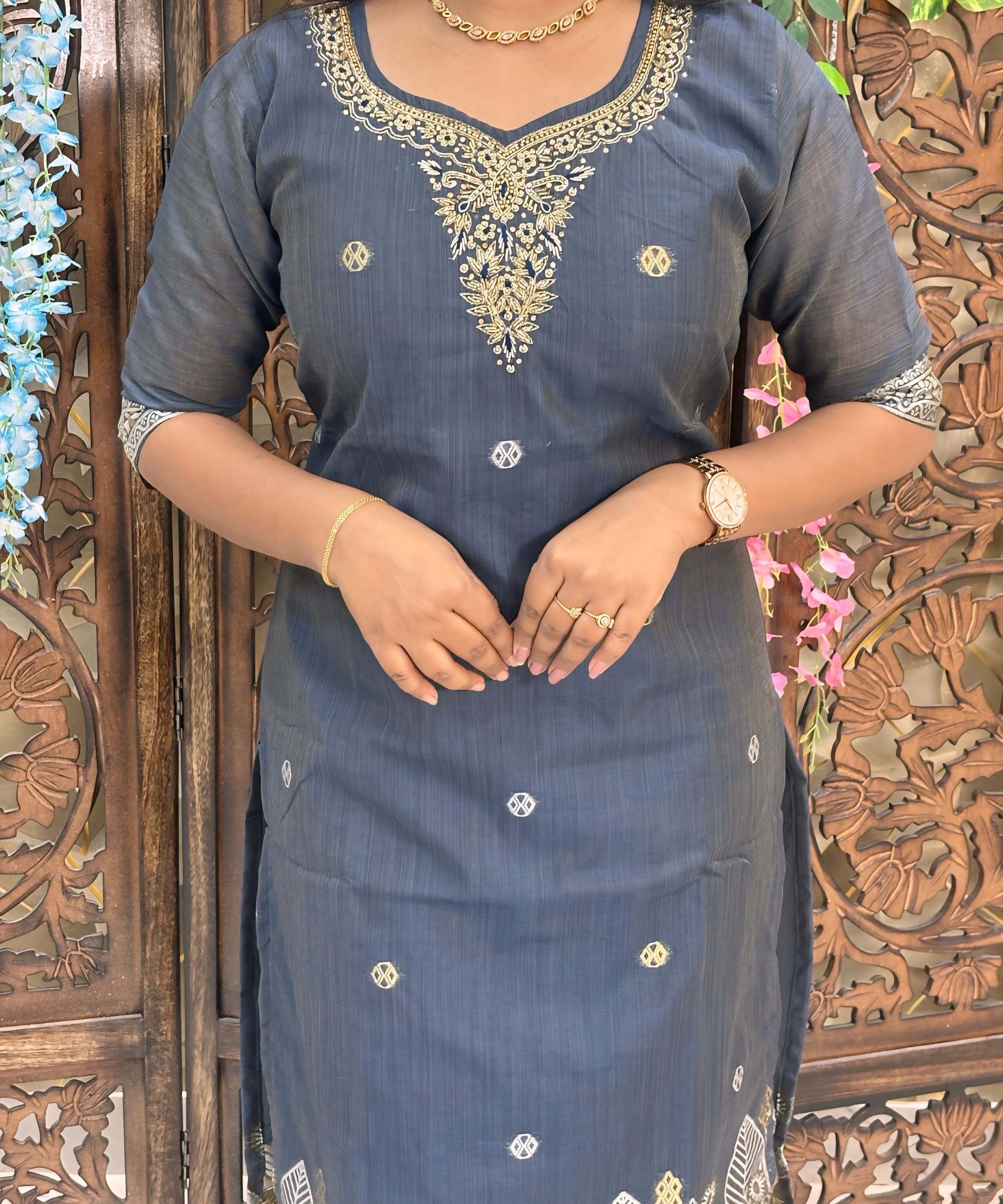 Gray mixed Navy Blue and Golden Color Premium 3 Piece Salwar Set / ESS357