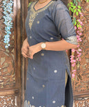Gray mixed Navy Blue and Golden Color Premium 3 Piece Salwar Set / ESS357