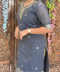 Gray mixed Navy Blue and Golden Color Premium 3 Piece Salwar Set / ESS357