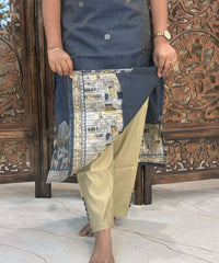 Gray mixed Navy Blue and Golden Color Premium 3 Piece Salwar Set / ESS357