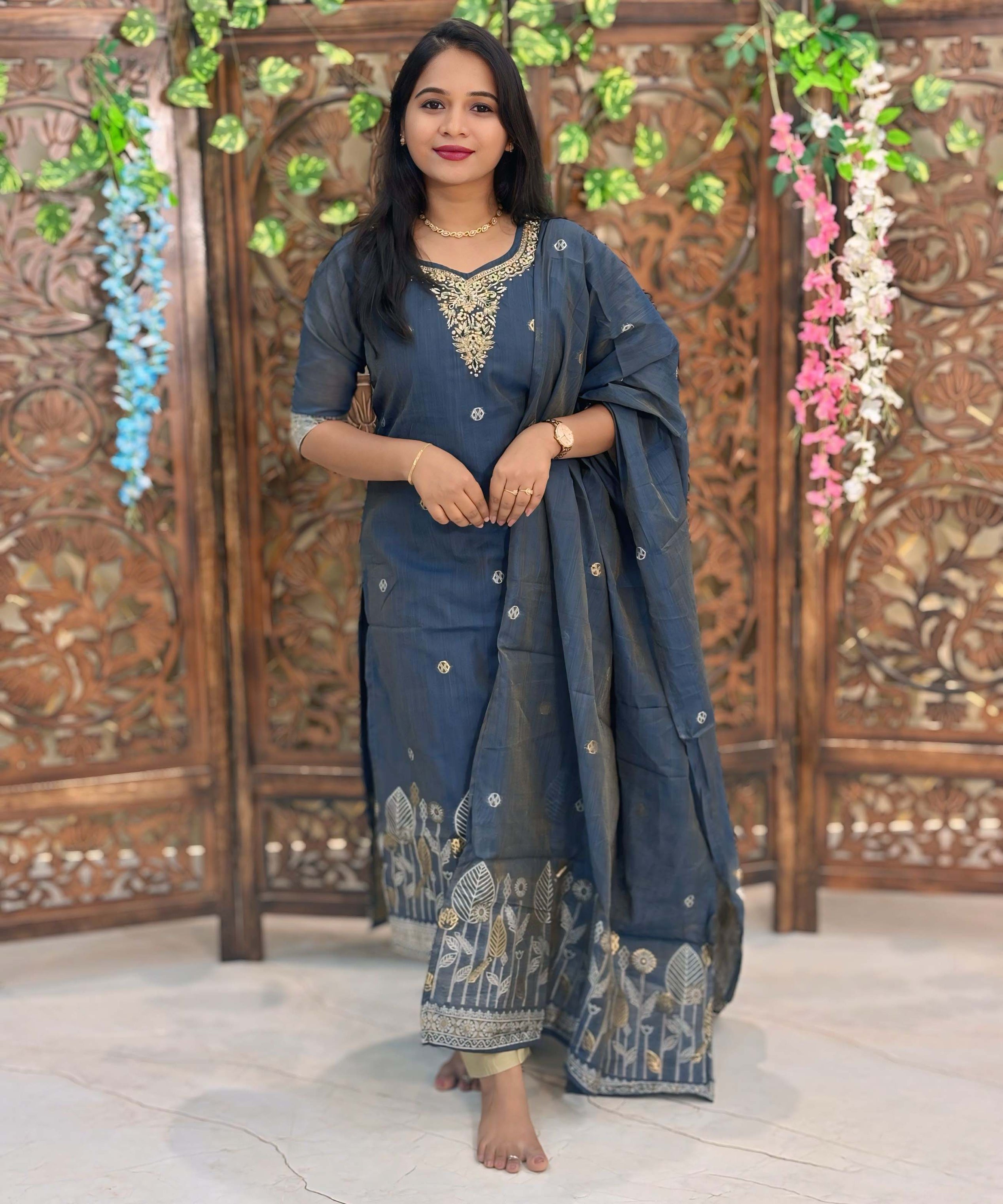 Gray mixed Navy Blue and Golden Color Premium 3 Piece Salwar Set / ESS357