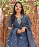 Gray mixed Navy Blue and Golden Color Premium 3 Piece Salwar Set / ESS357