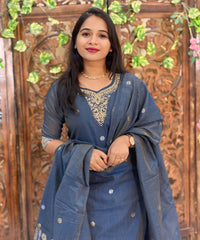 Gray mixed Navy Blue and Golden Color Premium 3 Piece Salwar Set / ESS357