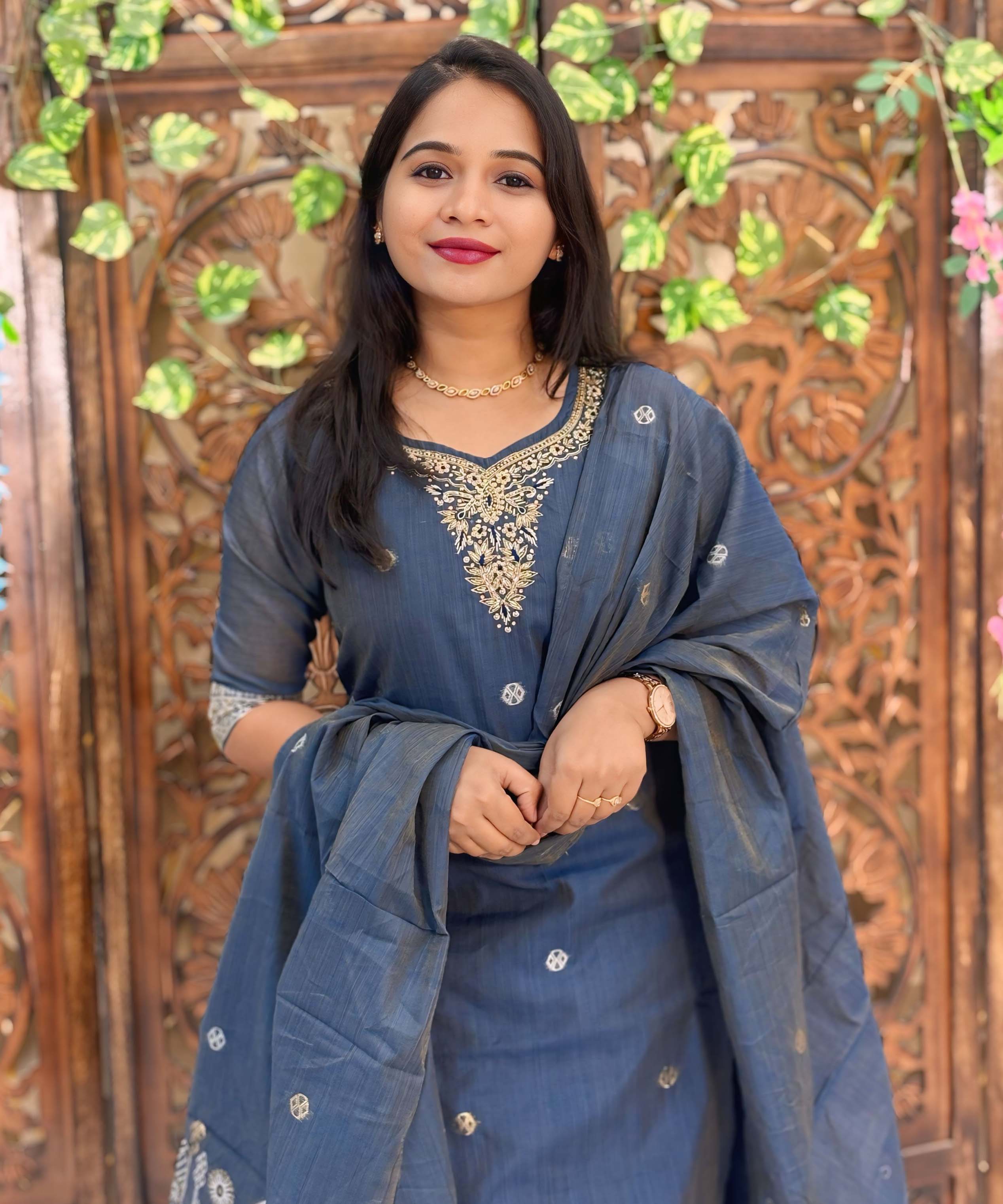 Gray mixed Navy Blue and Golden Color Premium 3 Piece Salwar Set / ESS357