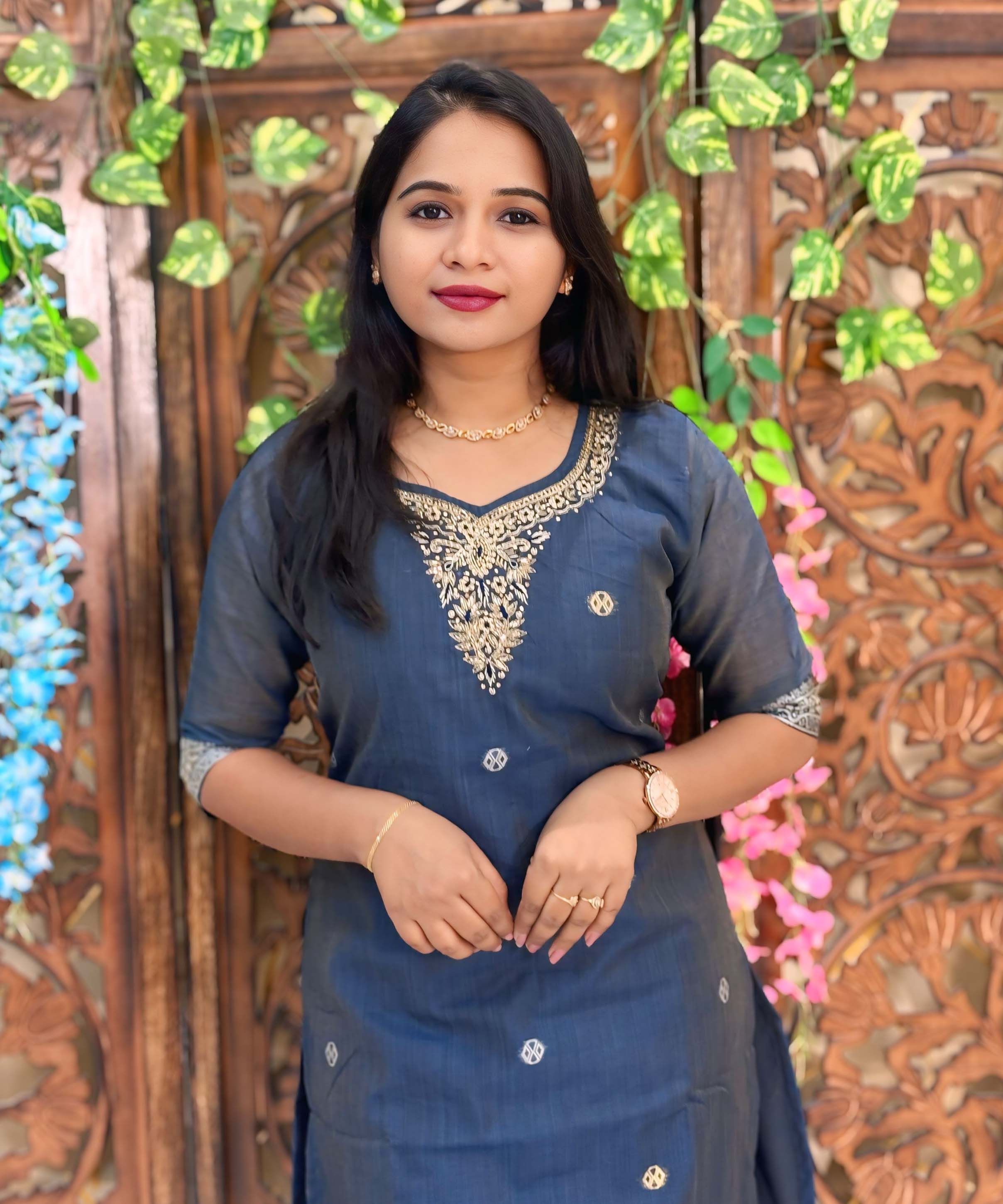 Gray mixed Navy Blue and Golden Color Premium 3 Piece Salwar Set / ESS357