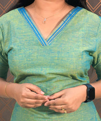 Green and Blue Mangalgiri Cotton Straight Cut Kurti / LSS118