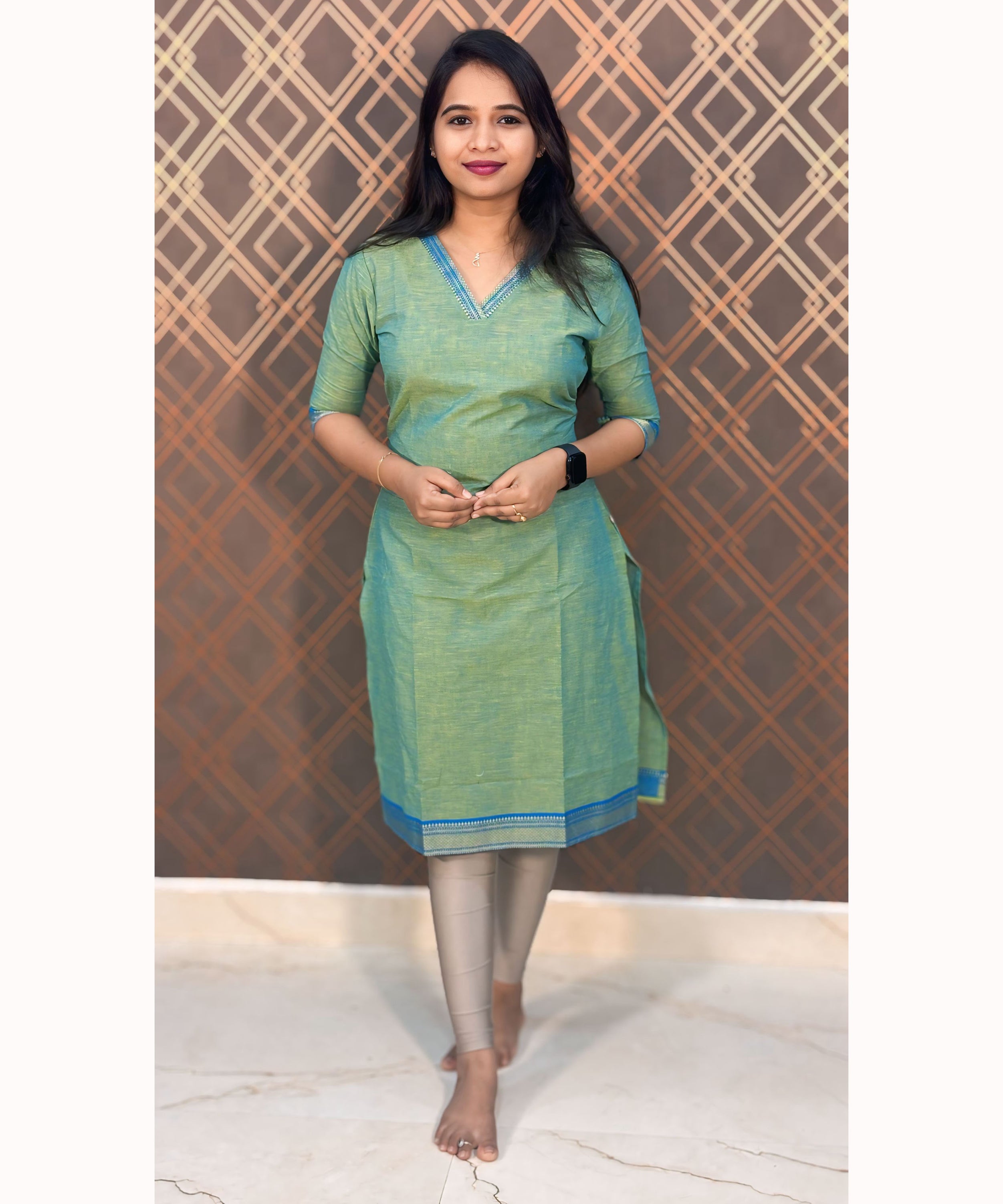 Green and Blue Mangalgiri Cotton Straight Cut Kurti / LSS118