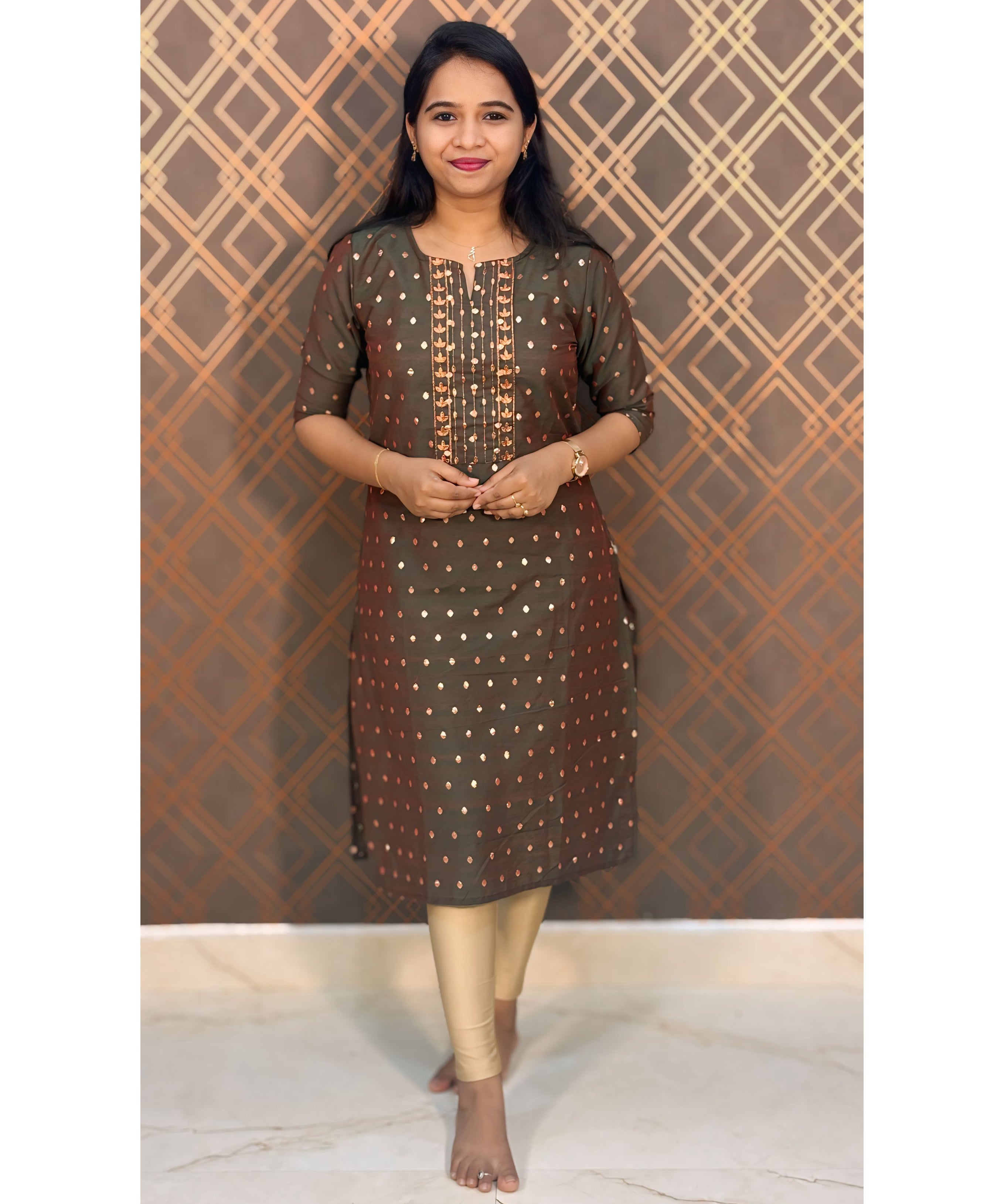 Green and Brown Silk Cotton Straight Cut with Pocket Kurti / LSS110