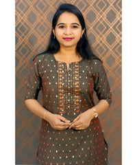 Green and Brown Silk Cotton Straight Cut with Pocket Kurti / LSS110