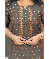 Green and Brown Silk Cotton Straight Cut with Pocket Kurti / LSS110