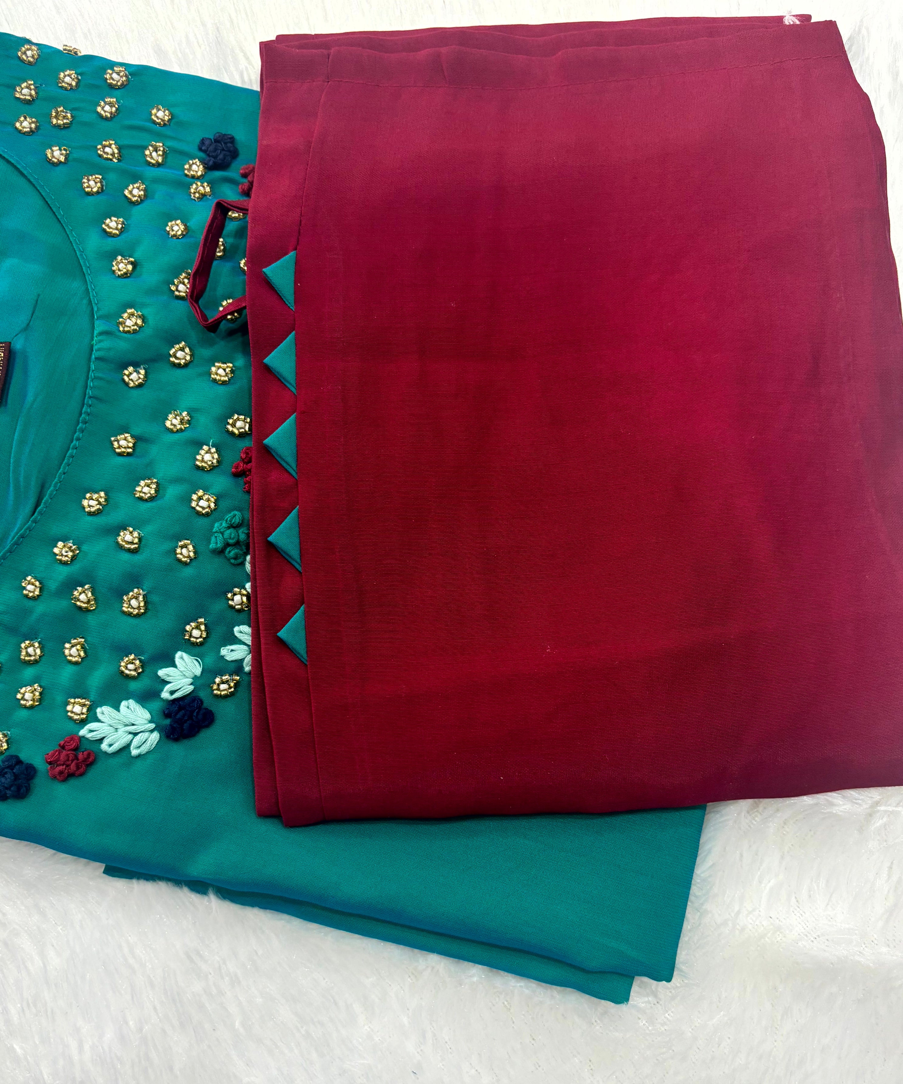 Green and Maroon Premium French knot Work 3 Piece Salwar Set / ESS206