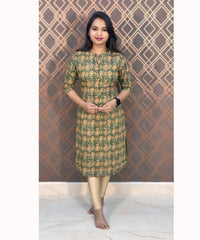 Green and Mustered yellow Flex Cotton Straight Cut Kurti / LSS116