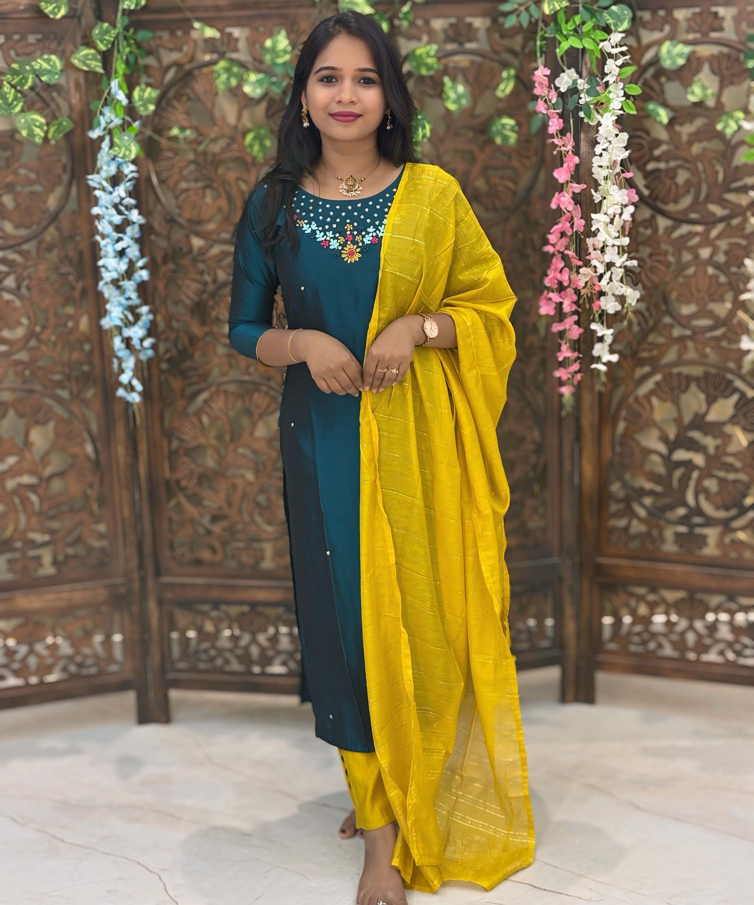 Green with Blue and Lemon Yellow Premium French knot Work 3 Piece Salwar Set / ESS335
