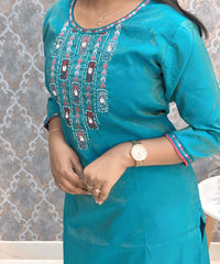 Green with Blue and Pink Color Premium Tissue Shimmer 3 Piece Salwar Set / ESS337