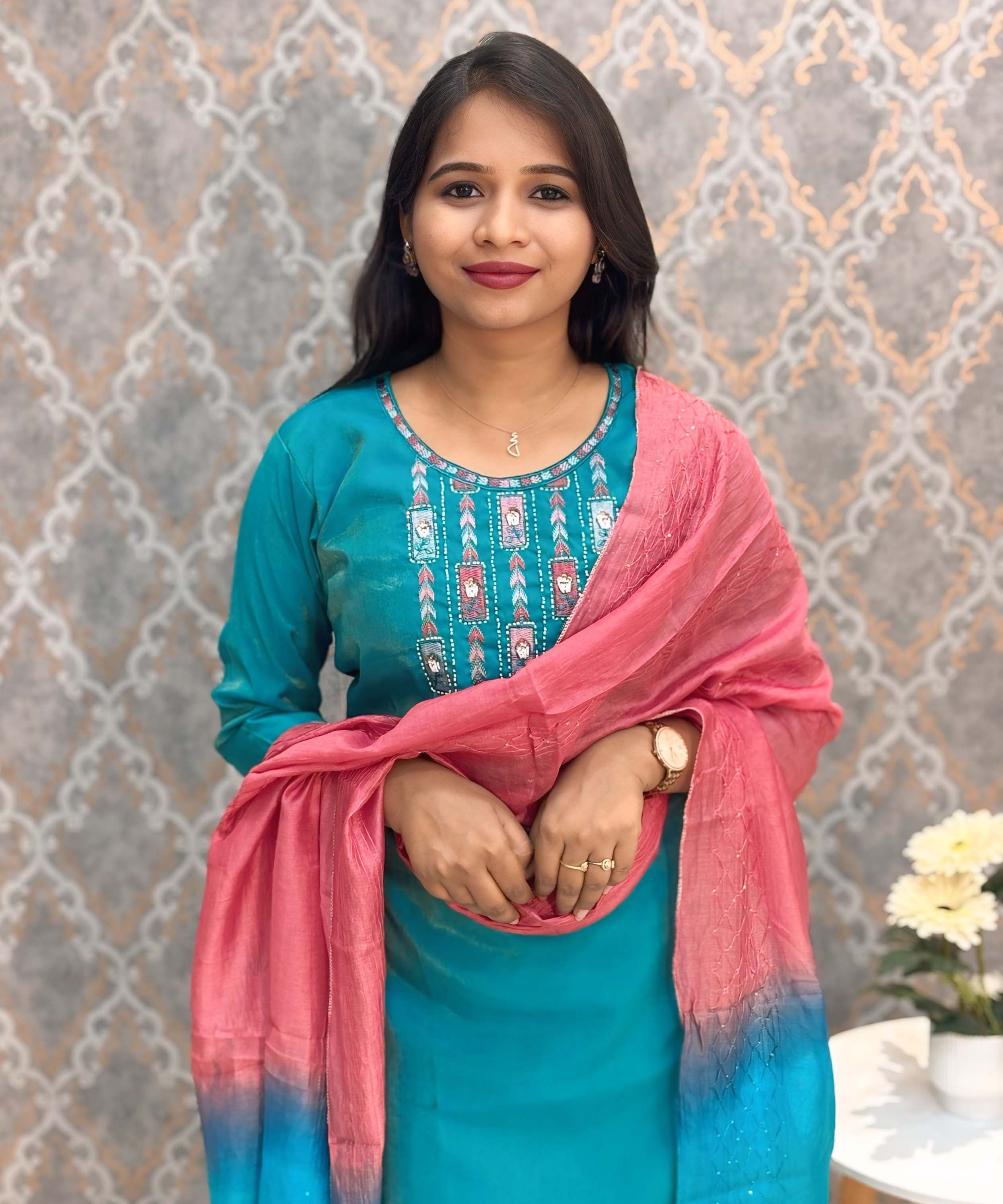 Green with Blue and Pink Color Premium Tissue Shimmer 3 Piece Salwar Set / ESS337