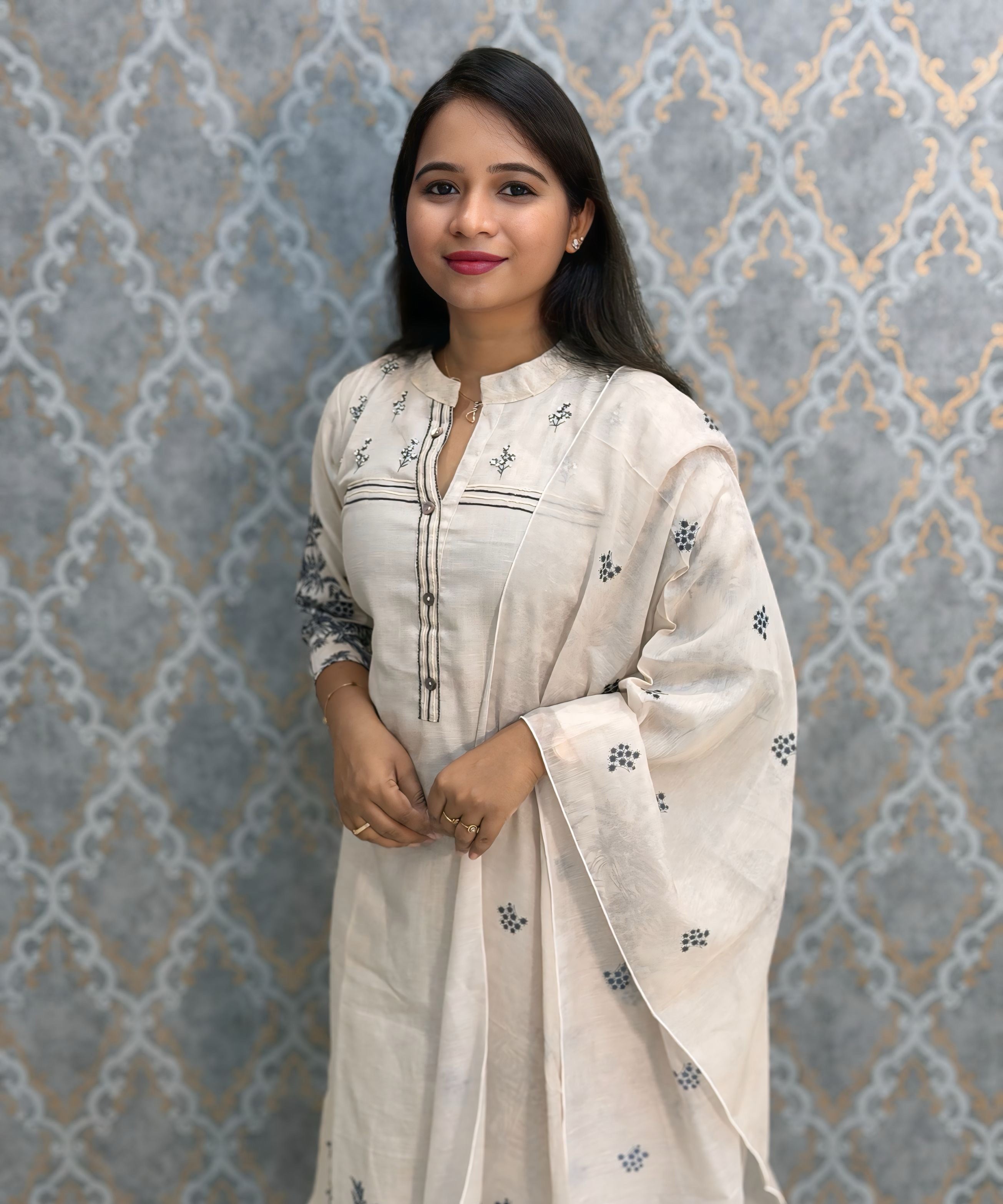 Half White and Blue Color Designer Flex Cotton 3 Piece Salwar Set / ESS395