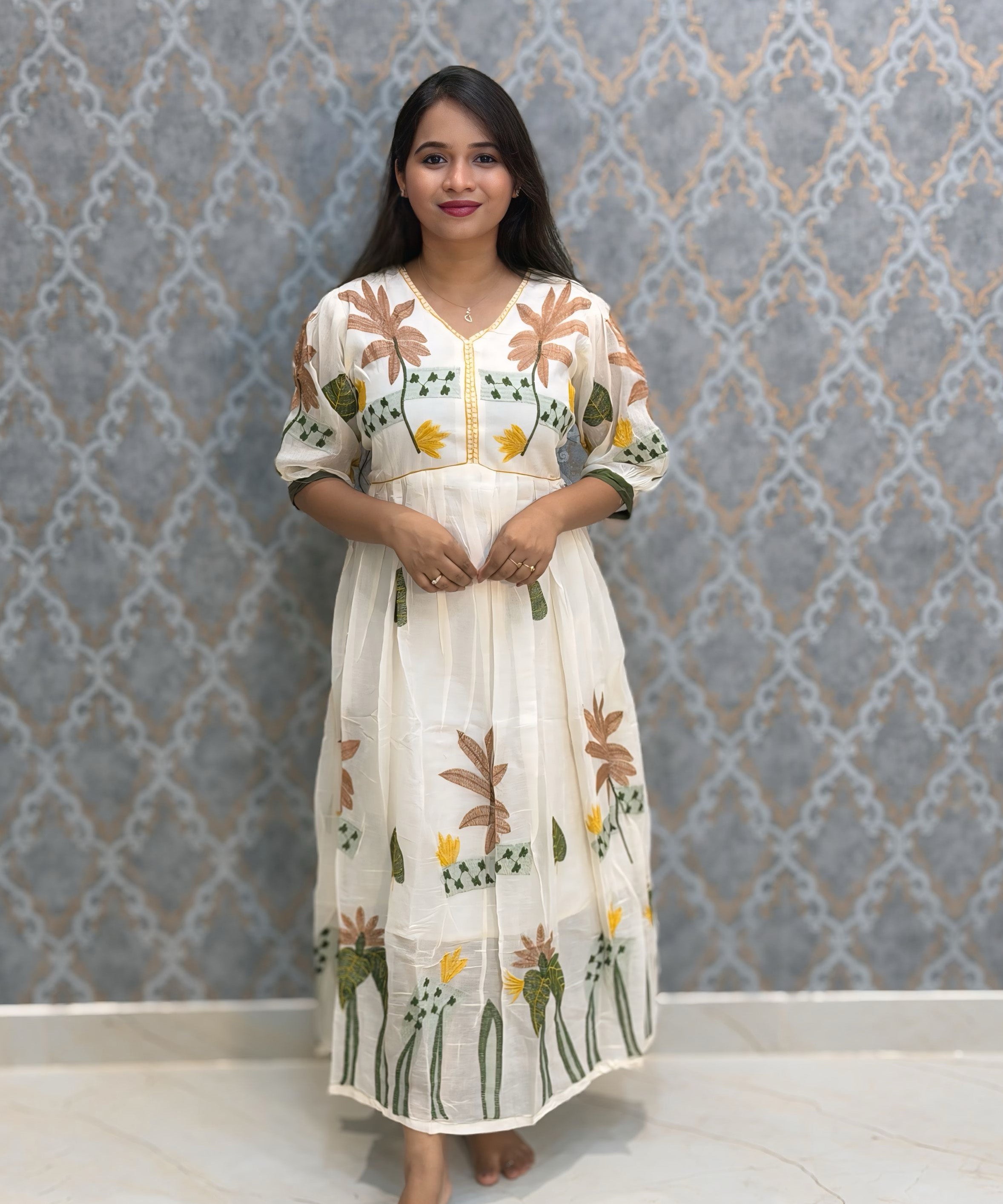 Half White or Beige Color Anarkali Mul Cotton Kurti with Embroidery / ESS226