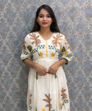 Half White or Beige Color Anarkali Mul Cotton Kurti with Embroidery / ESS226