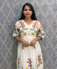Half White or Beige Color Anarkali Mul Cotton Kurti with Embroidery / ESS226