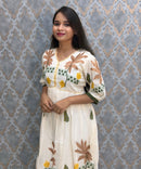 Half White or Beige Color Anarkali Mul Cotton Kurti with Embroidery / ESS226