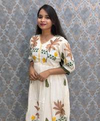 Half White or Beige Color Anarkali Mul Cotton Kurti with Embroidery / ESS226