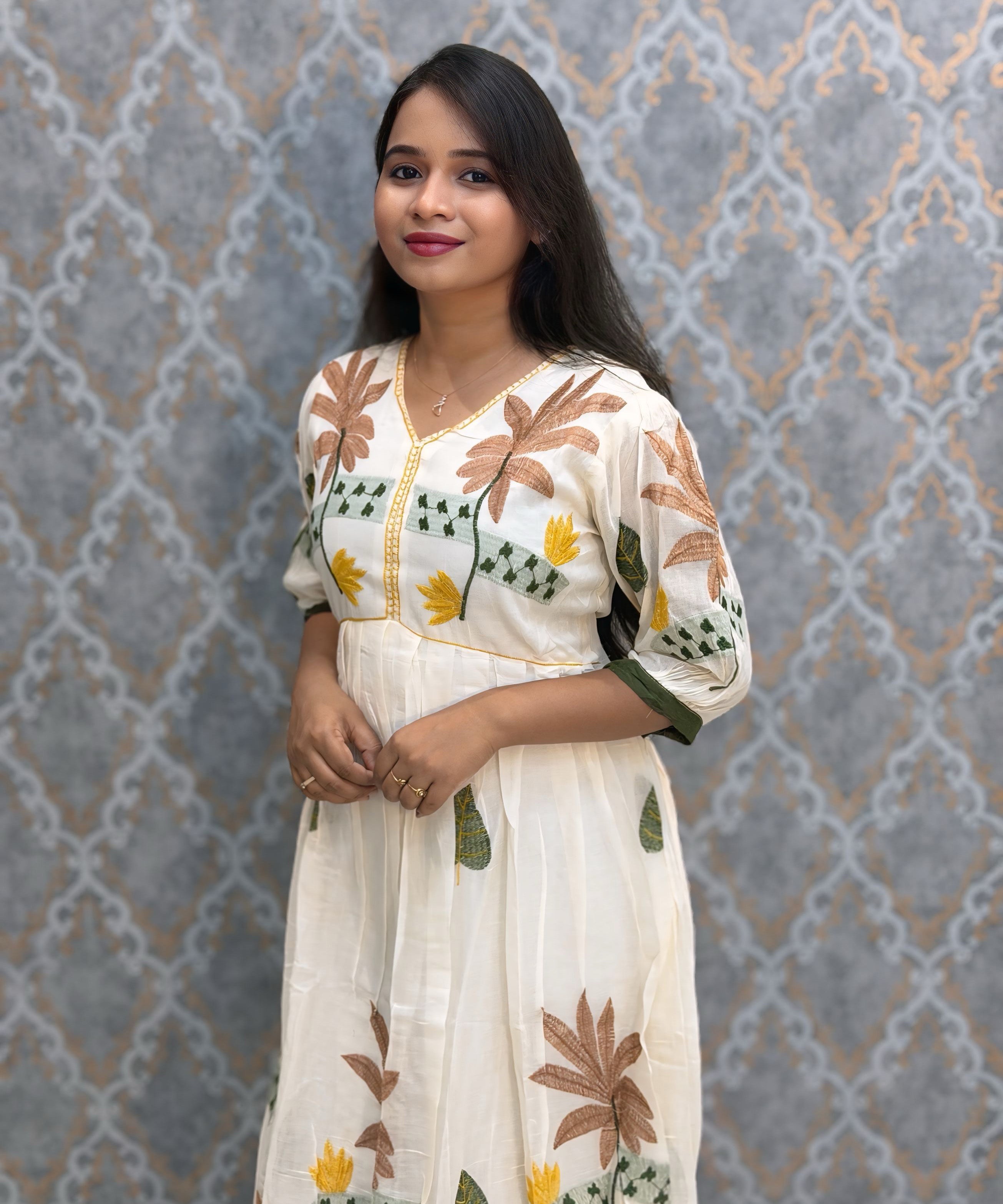 Half White or Beige Color Anarkali Mul Cotton Kurti with Embroidery / ESS226